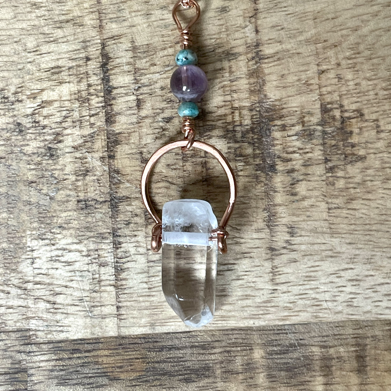 Crystal Point with faceted Turquoise & Amethyst Bead Sterling Silver Pendant