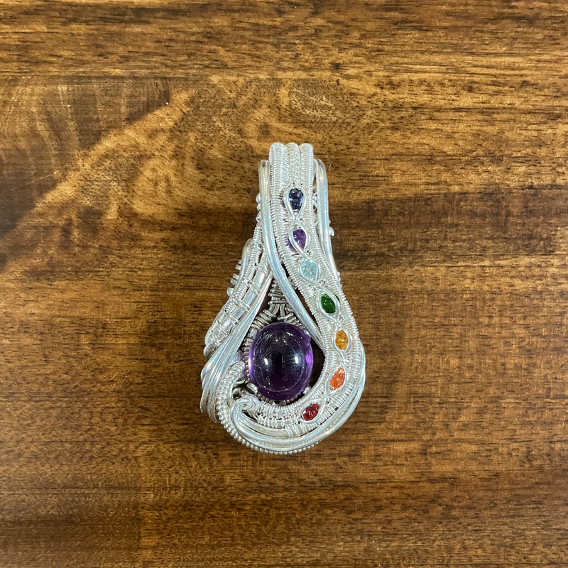 Amethyst and Multi Gemstone Wire Weave Pendant