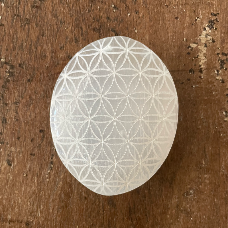 Selenite Palm Stone with Flower of Life design, Flower of Life Selenite Palmstone