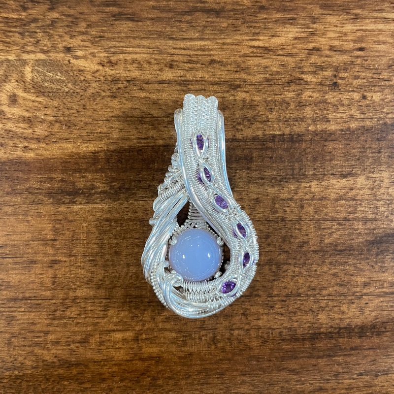 Plum Chalcedony and Amethyst in Sterling Silver Wire Weave Pendant