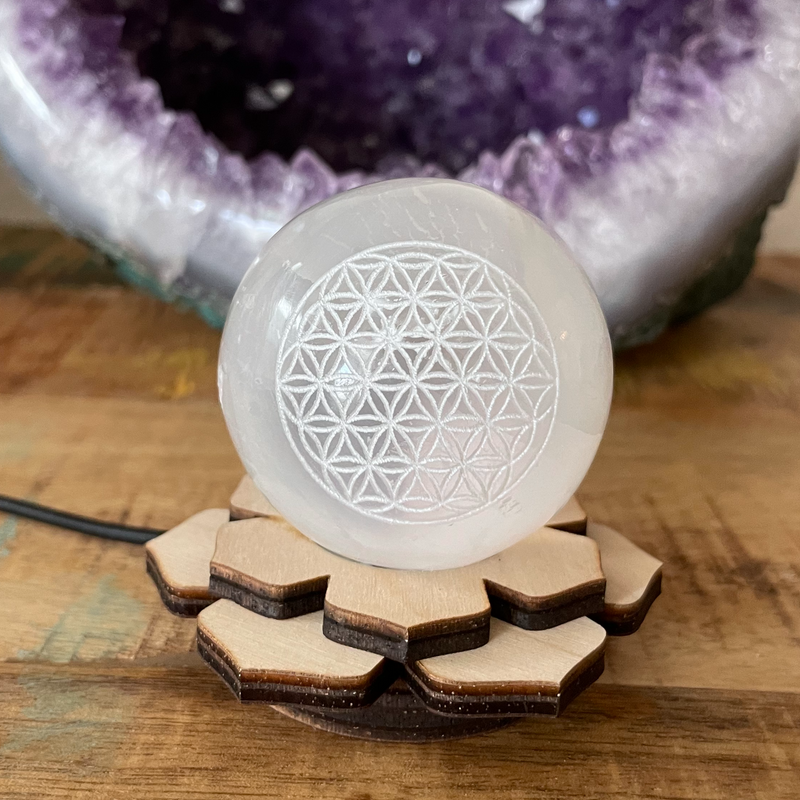 Selenite Sphere Etched with Tree of Life , Tree of Life Selenite Sphere
