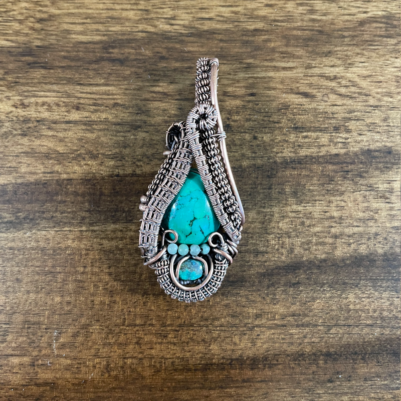 Turquoise and Emerald Heady Style Wire Weave Pendant