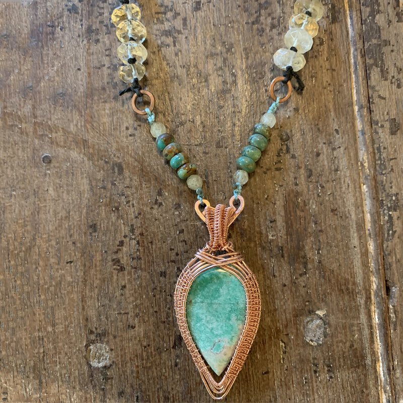 Natural Variscite Gemstone Necklace with Turquoise and Citrine Beads